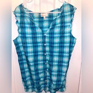 Checker print blue button up top.